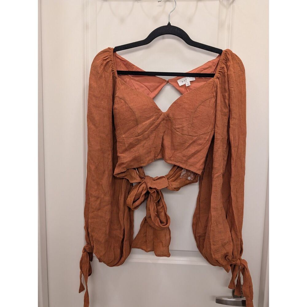 MABLE Small Rust Terracotta Tie Front Crop Top Long Balloon Sleeve Boho Cutout
